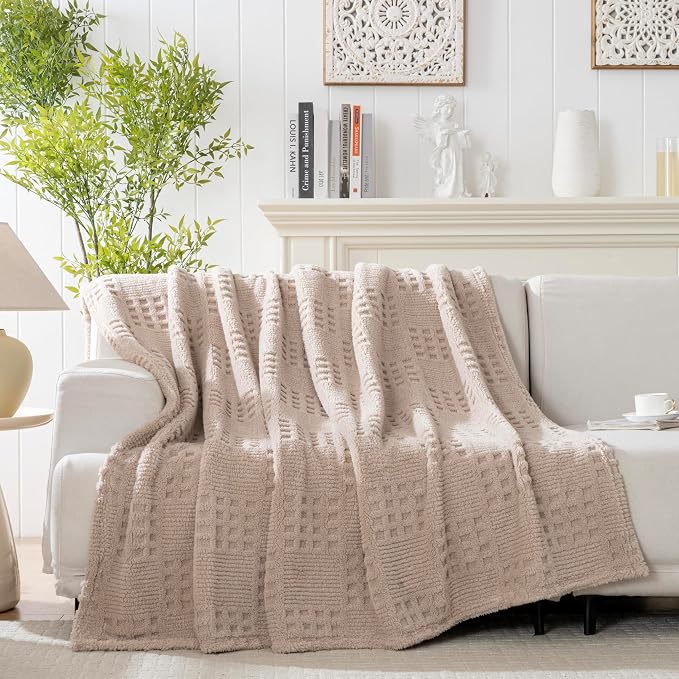 60x80 Inch Waffle Brown Twin Blanket -Fluffy Fleece, Neutral Tan Color - Image 4