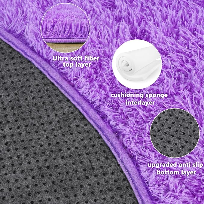 3'x3' Purple Round Rug for Bedroom, Ultra Soft Fluffy Circle Rug for Kids Girls - Image 5