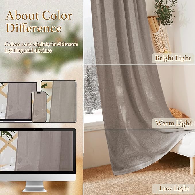 RYB HOME Linen Textured Curtains Semi Sheer Window Curtains Light Filtering - Image 8