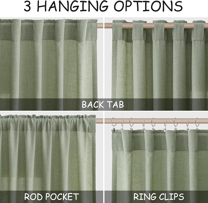 Nanspring Light Sage Linen Curtains 96 Inches Long 2 Panels Set - Image 2