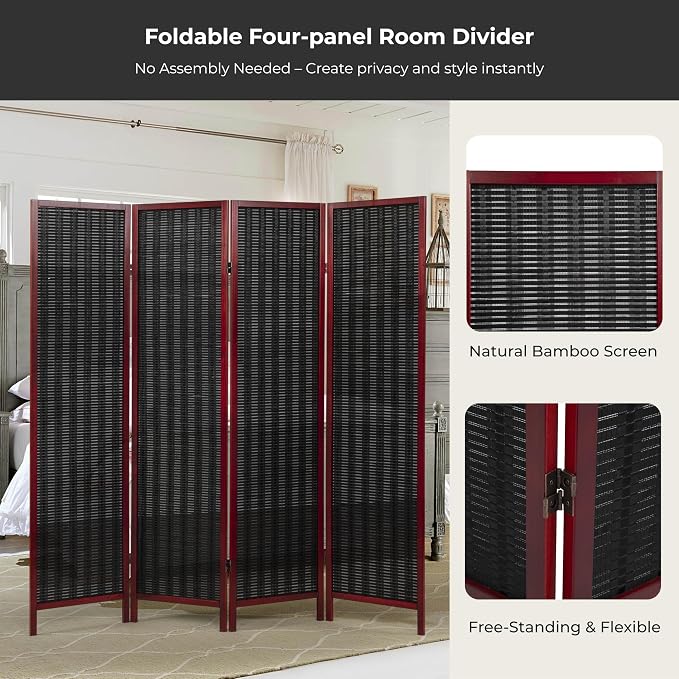 Roundhill Furniture Inkwell 4-Panel Bamboo Room Divider, Folding Portable - Image 4