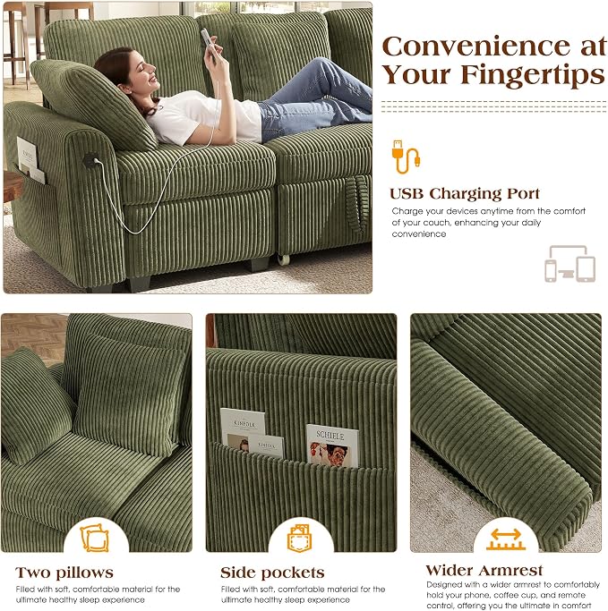 Ihanherry 81-inch Corduroy Modular Sectional Sofa Bed - Image 6
