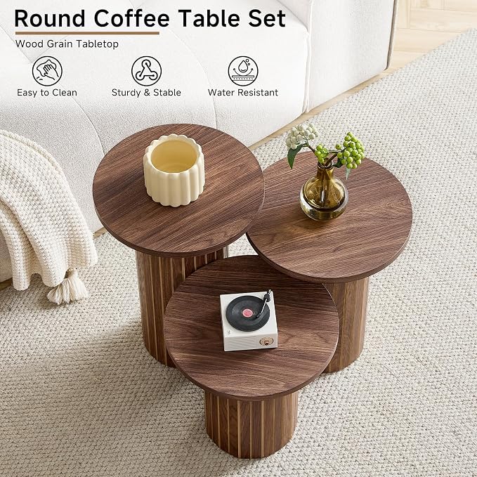 Round Nesting Coffee Table Set of 3 Mid Century Modern Wood Round Coffee Tables - Image 3