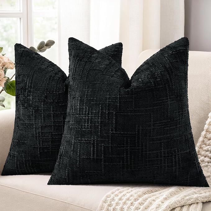 decorUhome Black Chenille Euro Sham Throw Pillow Covers 26x26 Set of 2 Textured by decorUhome
