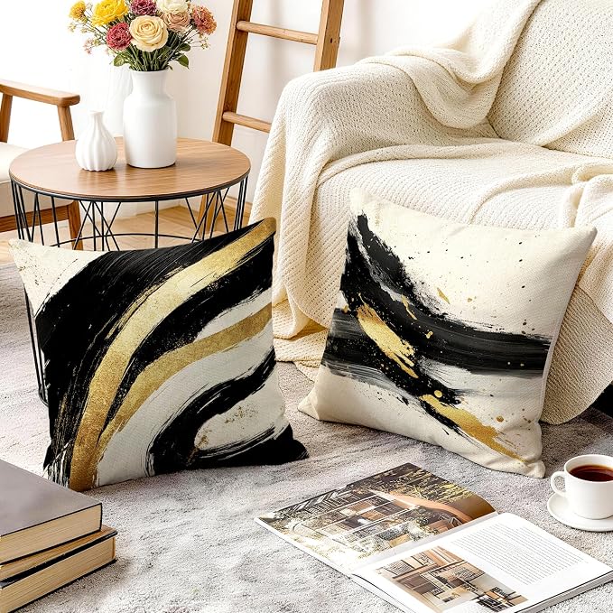 OBSEDE Abstract Black Gold Ink Brush Strokes Throw Pillow Covers 18 × 18 in - Image 6