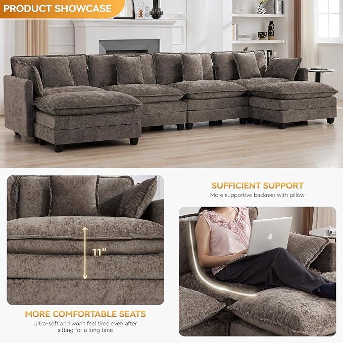 147'' Sectional Cloud Deep Seat Couch, Oversized Chenille U Shaped Sectional - Image 3