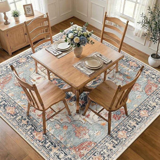 RELEANY Area Rugs Square 7ft Washable Non-Slip, Floral Vintage Distress Print by RELEANY