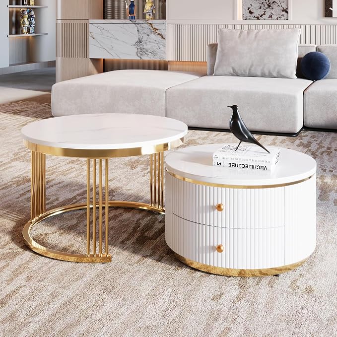 Modern 2 Pieces White Round Nesting Coffee Table - Image 5
