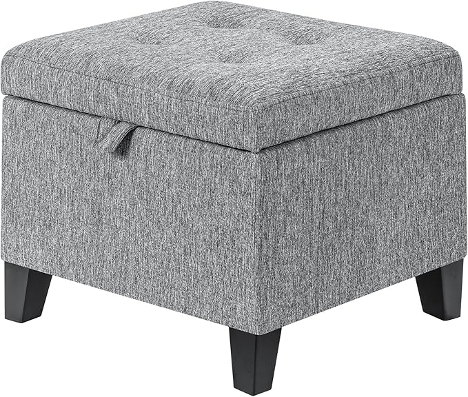 Adeco 18-Inch Cube Storage Ottoman, Upholstered Linen Footrest Stool by Adeco