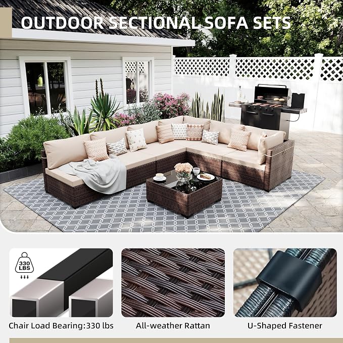 UPHA 7 Pieces Patio Furniture Sets, Wicker Outdoor Sectional Sofa Couch - Image 3