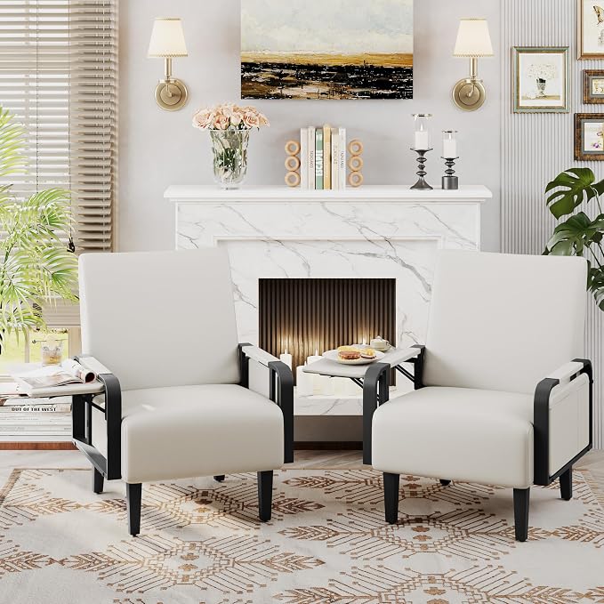 Andeworld Modern Beige Accent Chair Set of 2, PU Leather Upholstered Armchair - Image 6