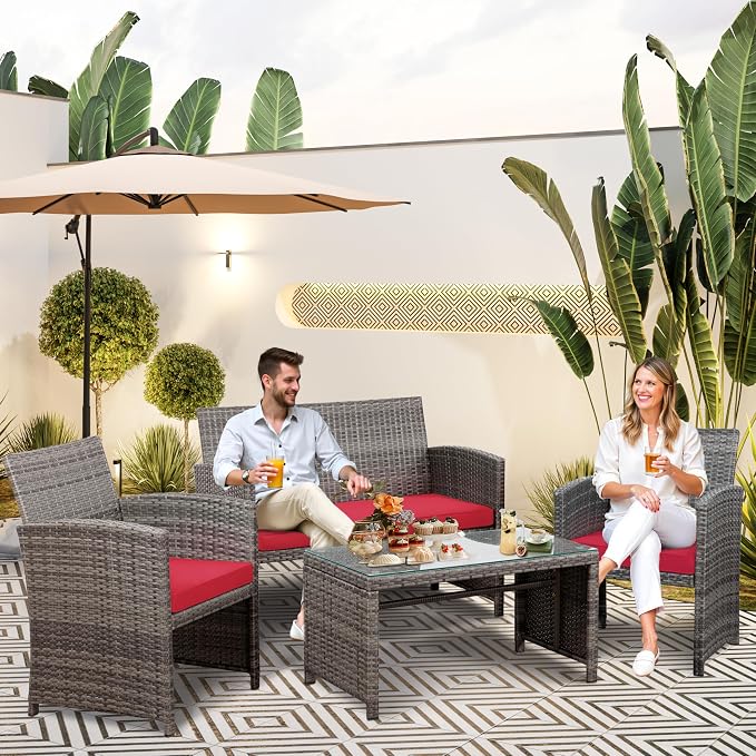 SUNLEI 4 Pcs Outdoor Patio Furniture Sets, Rattan Chair Wicker Conversation Set - Image 5