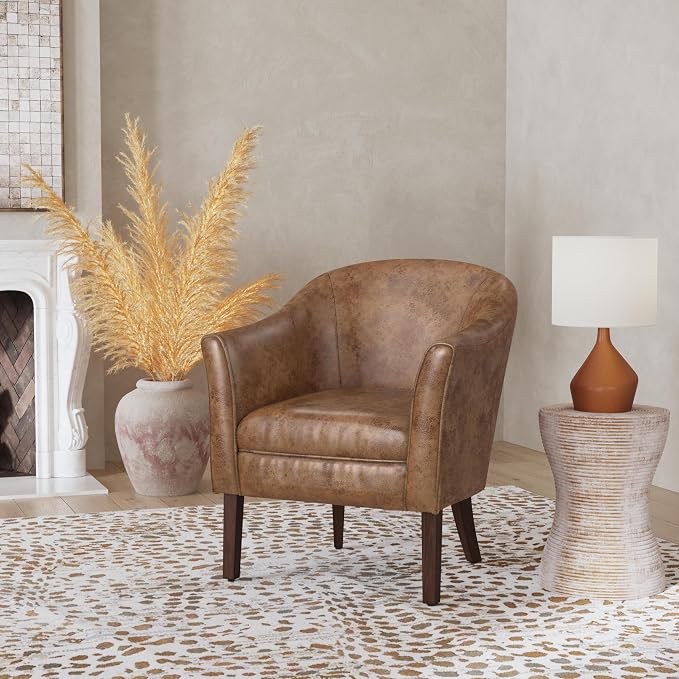 HomePop Modern Barrel Accent Chair, Distressed Brown Faux Leather - Image 4