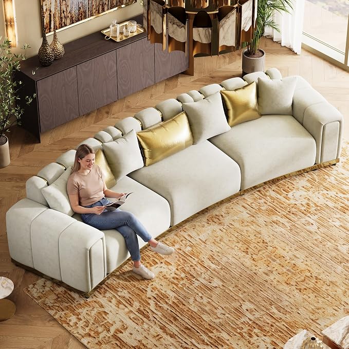 Oversized Luxury Chesterfield Sofa Set Velvet Beige and Gold Couch - Image 5