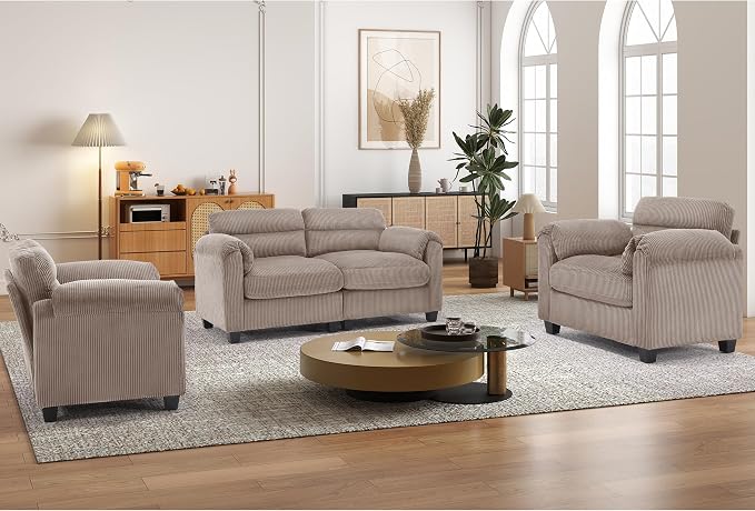 HAOMARKETS Corduroy Sofa Set, Upholstered Armchair Set of 2 and Loveseat by HAOMARKETS