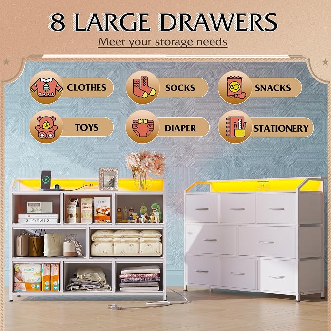 WLIVE Led Dresser for Bedroom, Wide Chest of Drawers for Hallway, 8 Fabric - Image 5