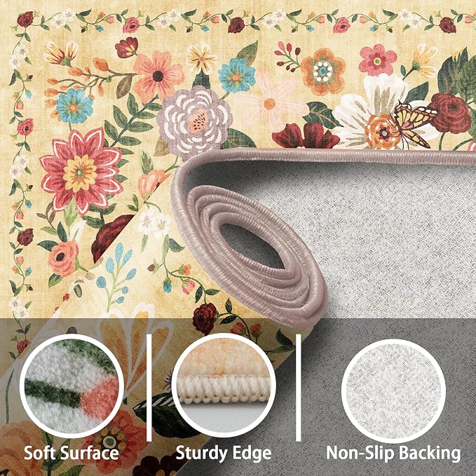 Area Rug 4x6 Rug Washable Boho Rugs Non Slip Low Pile Floral Small Carpet - Image 2