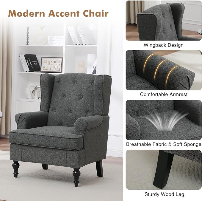 Accent Chair for Living Room, Mid Century Modern Upholstered Armchair, Wingback - Image 5
