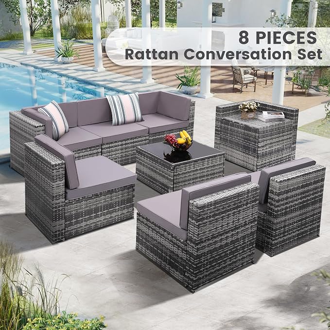 KROFEM 8-Piece Patio Furniture Set, Outdoor Wicker Rattan Sectional - Image 2