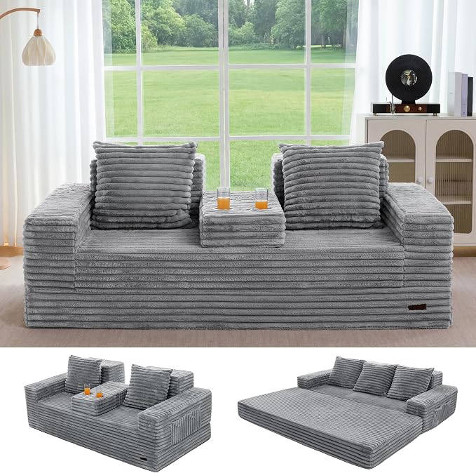 MAXYOYO Loveseat Sofa Bed, Striped Faux Fur Foldable Floor Sofa Couch in A Box by MAXYOYO