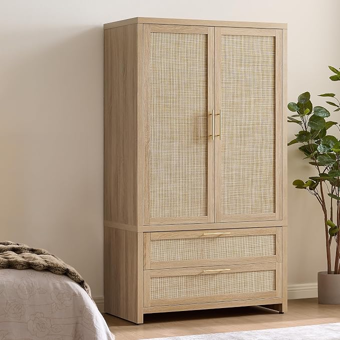 SICOTAS Rattan Armoire Wardrobe Closet Cabinet, and Hanging Rod, Boho by SICOTAS