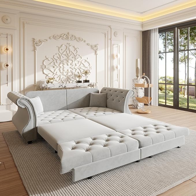 83.8" Oversized Pull Out Sofa Bed, Chesterfield Velvet Sleeper Sofa Couch - Image 7