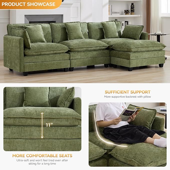 111'' Cloud Deep Seat Sectional Couch, Modern Comfy Chenille L Shaped Sectional - Image 3