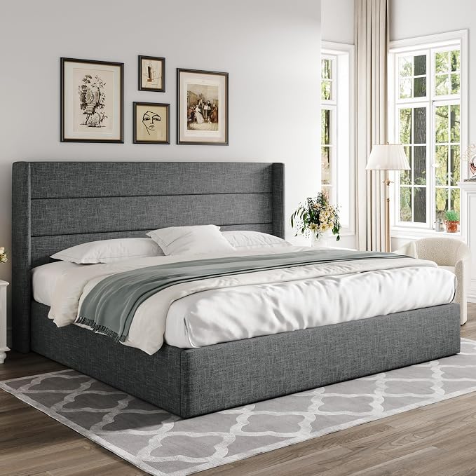 Allewie King Size Lift Up Storage Bed, Modern Wingback Headboard, Hydraulic - Image 8