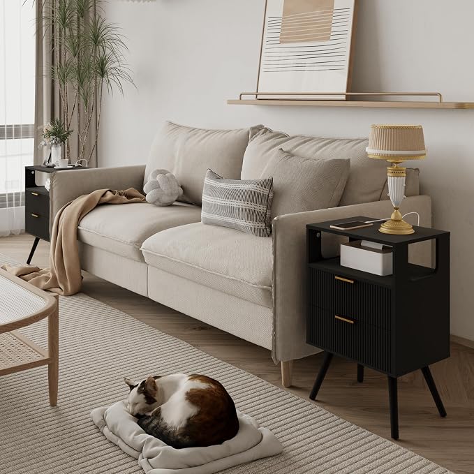 JOONEE Black Nightstand with Charging Station and LED Lights, Modern Bedside - Image 3