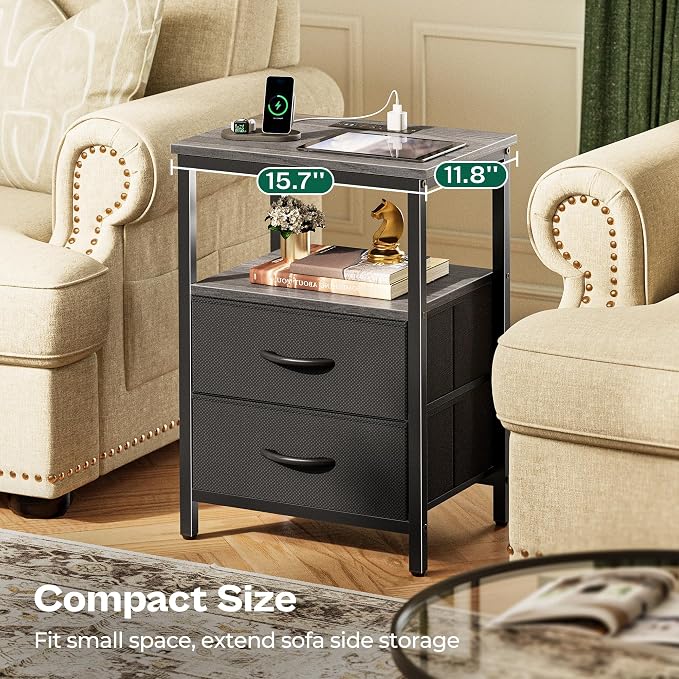 Huuger Night Stand with Charger Station and LED Lights, 2 Drawer Nightstand - Image 8