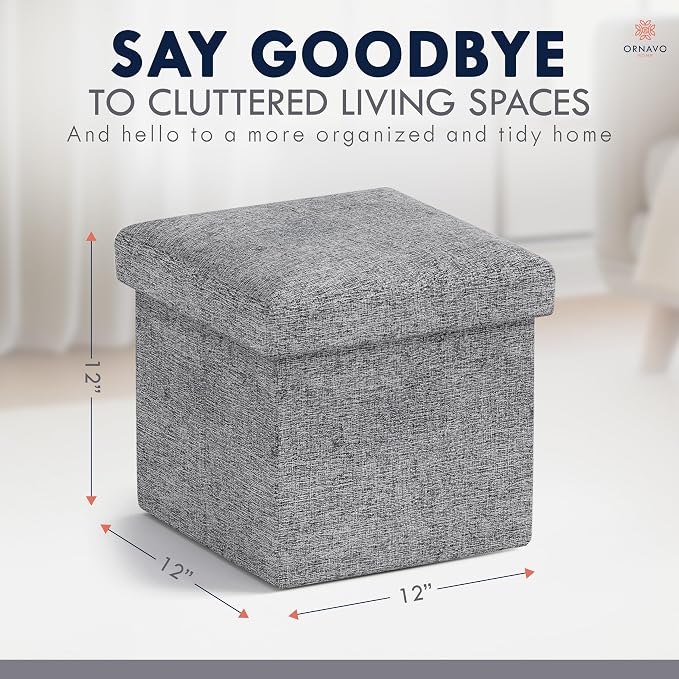 Ornavo Home Small Storage Ottoman Foldable Collapsible Cube Square Linen - Image 2
