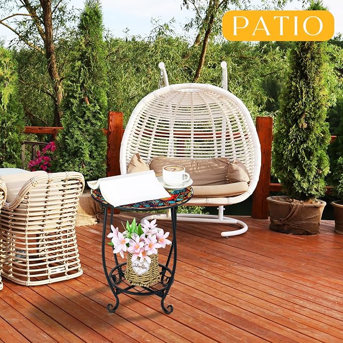 Cinnvoice Outdoor Side Table Round Small Mosaic Patio Accent Indoor End Plant - Image 2