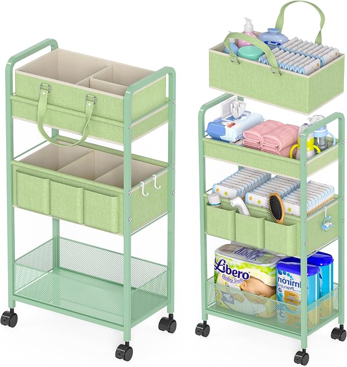 2in1 Baby Diaper Caddy Organizer Cart, 3-Tier Rolling Cart, Metal Diaper Caddy by LIDTOP