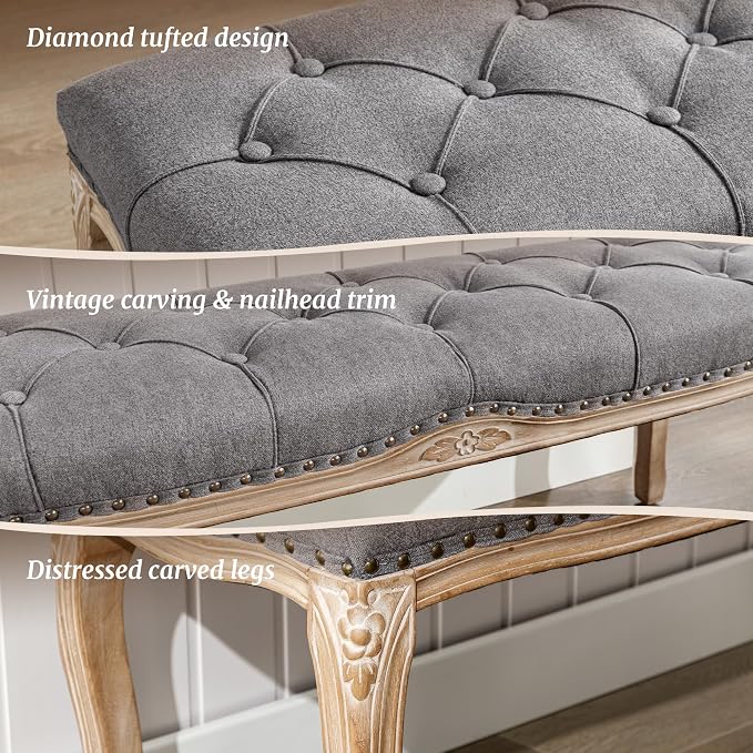 Cozyman Bedroom Bench, French Vintage Tufted Entryway 45.2" Carving Upholstered - Image 4