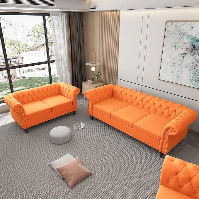 ORRD 2 Piece Living Room Set, Velvet Chesterfield Sofa Loveseat Couch - Image 8