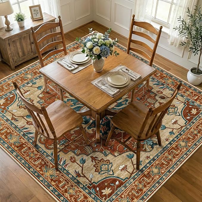 RELEANY Area Rugs Square 8ft Washable Non-Slip, Floral Vintage Distress Print - Image 2