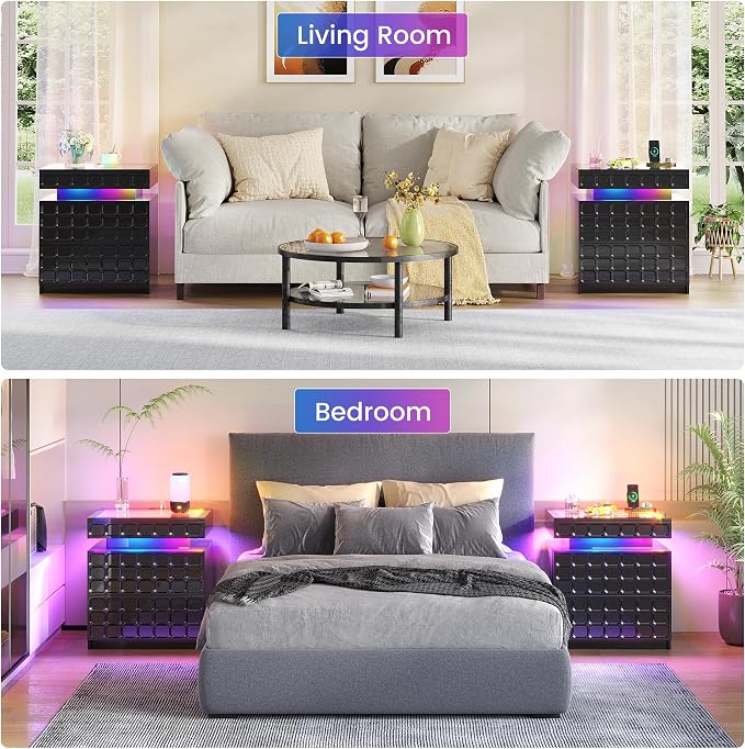 Night Stand with Charging Station and Smart RGB Lights, LED Nightstand with - Image 8