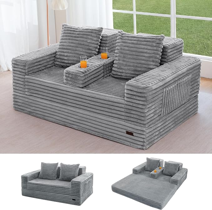 MAXYOYO Loveseat Sofa Bed, Striped Faux Fur Foldable Floor Sofa Couch in A Box by MAXYOYO