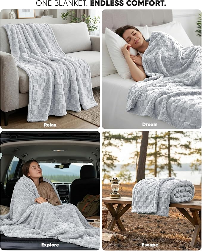 Utopia Bedding Cool Grey Checkered Fleece King Blanket - Image 4