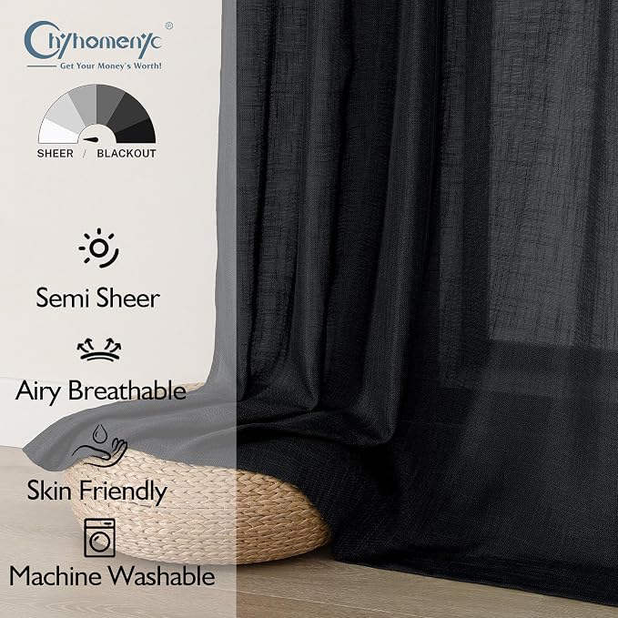 Chyhomenyc Black Semi Sheer Curtains 84 Inches Long 2 Panels Set, Light - Image 2