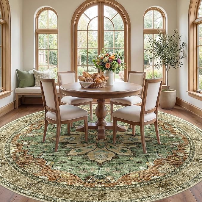RELEANY Area Rugs Round 10ft Washable Non-Slip, Floral Vintage Distress Print - Image 3