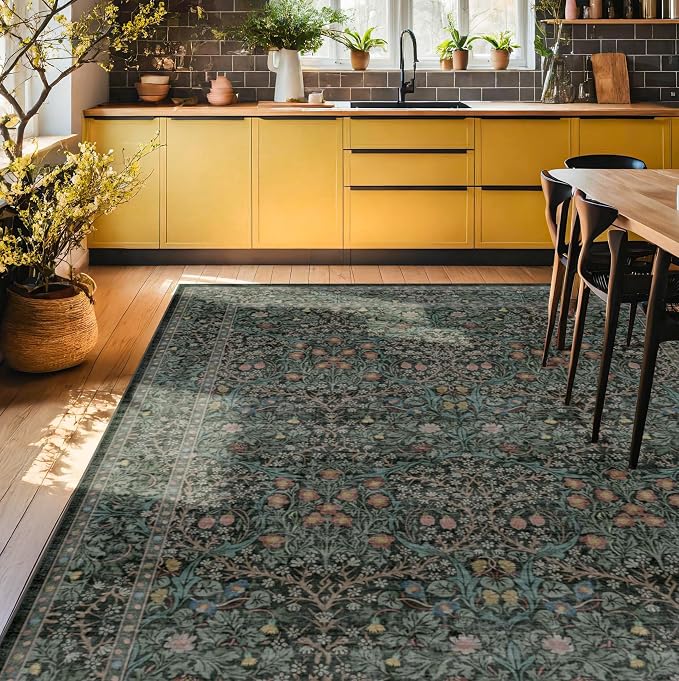 Vintage Dark Green Living Room Rug, 7x10 Washable Area Rugs - Image 3