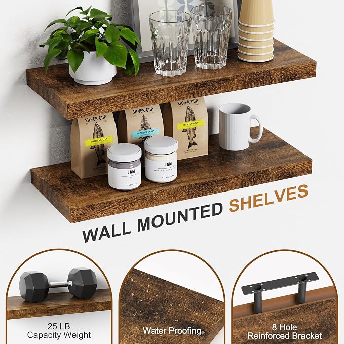 Bellsal Floating Shelves for Wall, Rustic Brown Wood Wall Shelf Set of 4 - Image 6