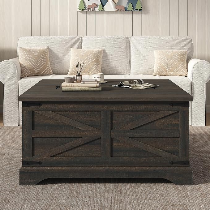 Furnideco 35.5''W Square Coffee Table Farmhouse Lift top Coffee Table - Image 4