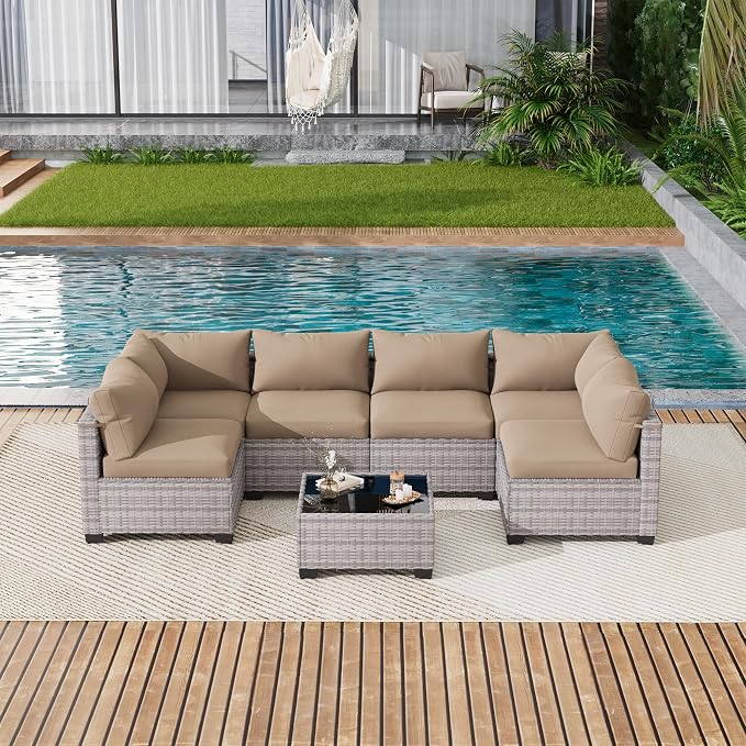 LOUVIXA 7 Piece Outdoor Patio Furniture Set, Outdoor Sectional Sofa, Wicker - Image 8