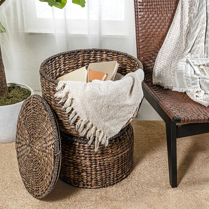 happimess SAT1000B Bhola 18" Hourglass Handwoven Hyacinth Storage Accent Table - Image 2