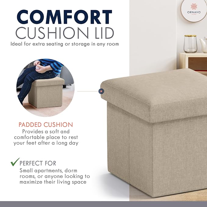 Ornavo Home Small Storage Ottoman Foldable Collapsible Cube Square Linen - Image 6