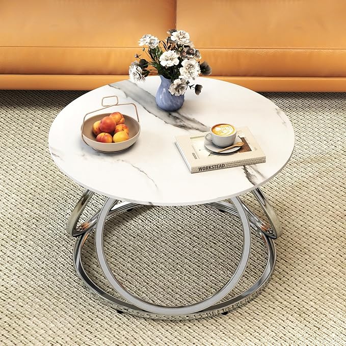 O&K FURNITURE Silver Coffee Table, Round Coffee Table Faux Marble Veins by OKFURNITURE