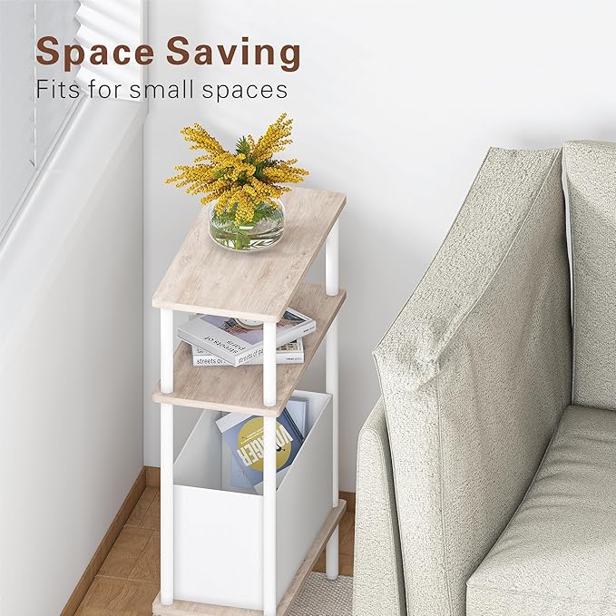 Narrow Side Table with Fabric Basket, Slim Nightstand with 3-Tier Storage Shelf - Image 5