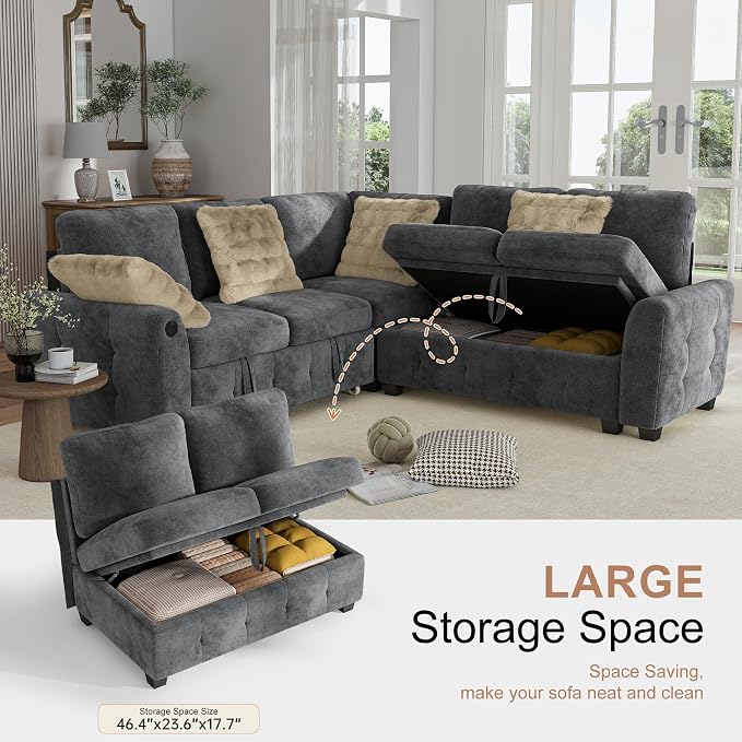 Hanherry Sectional Couch with Pull Out Sofa Bed, Chenille Sleeper Sofa with 2 - Image 3